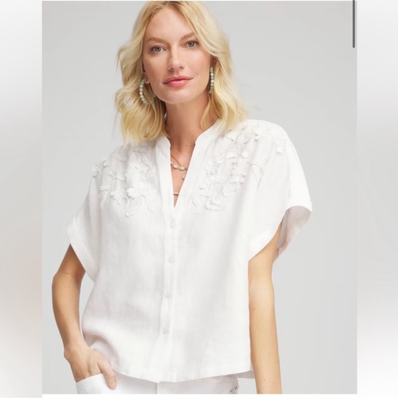 Chico's Tops - CHICOS Linen Dolman Sleeve Embroidered Blouse White Siz US 8